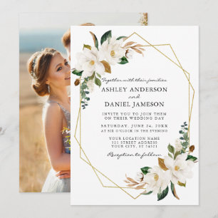 Invitation Aquarelle blanc Magnolias Gold Photo Mariage