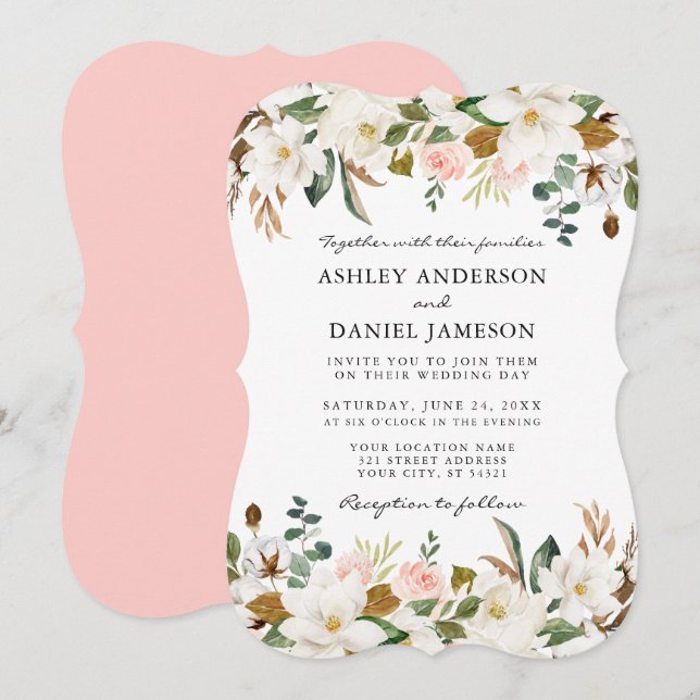 Invitation Aquarelle blanc Magnolias rose Roses Mariage BR (Devant / Derrière)