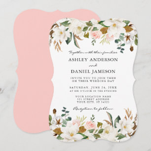 Invitation Aquarelle blanc Magnolias rose Roses Mariage BR