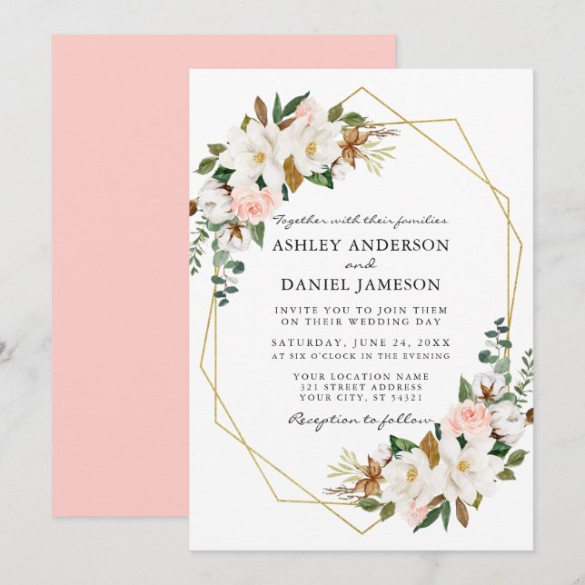 Invitation Aquarelle blanc Magnolias rose Roses Mariage or (Devant / Derrière)