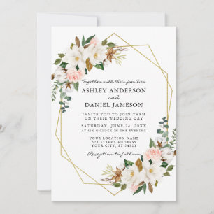 Invitation Aquarelle blanc Magnolias rose Roses Mariage or