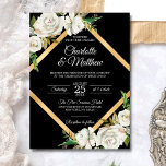 Invitation Aquarelle Blanc Noir Or Mariage Floral<br><div class="desc">Personnalisez ce chic vintage, avec des invitations de mariage à l'ancienne blanche. Couleurs noir et blanc. Roses blanches (fleurs) peintes à la main avec cadre en feuille d'or imitation. Le dos de la carte a marié et marié monogrammes / initiales. Cartes modifiables - ajoutez vos informations (le texte peut être...</div>