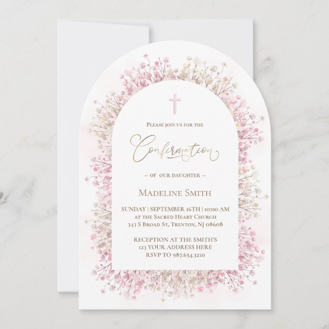 Invitation aquarelle blanc rose fleurs Confirmation (Devant)