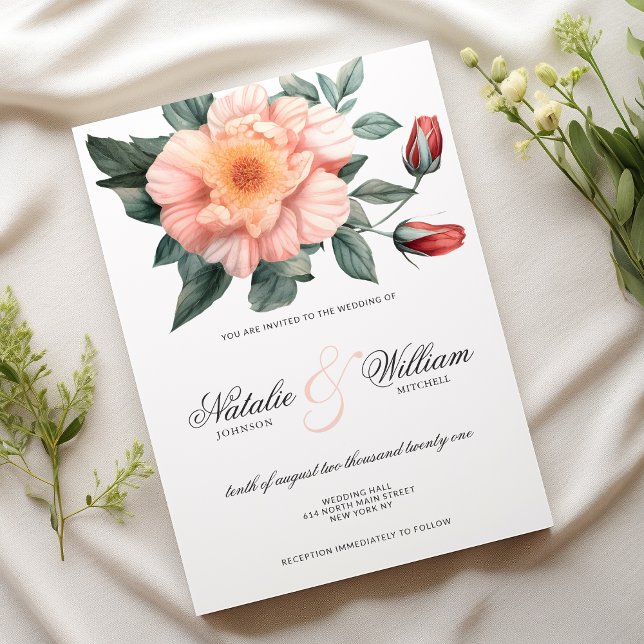 Invitation Aquarelle blanc rose pâle vert rose mariage (Watercolor white blush pink green floral wedding)