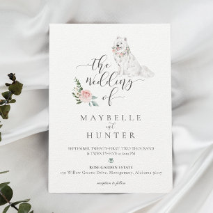 Invitation Aquarelle Blanc Samoyé Chien & Rose Floral Rose