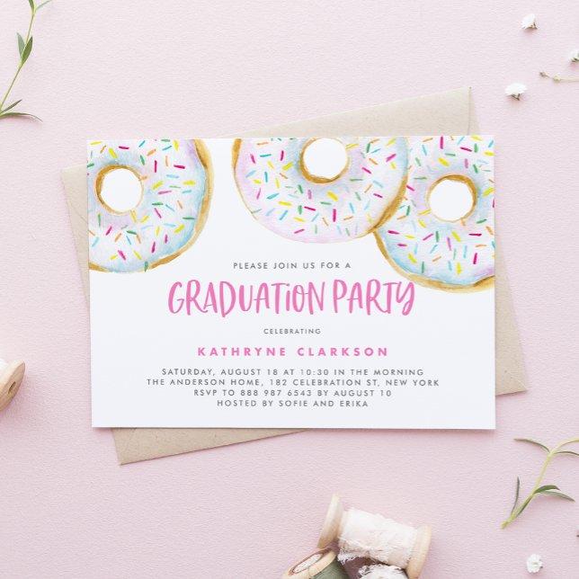Invitation Aquarelle Blanc Saupoudrer Donuts Graduation Party (Créateur téléchargé)
