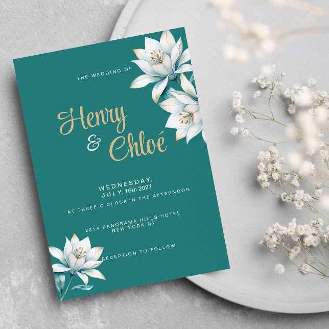 Invitation Aquarelle blanc turquoise lis or Mariage floral (Watercolor white teal gold lily floral Wedding )