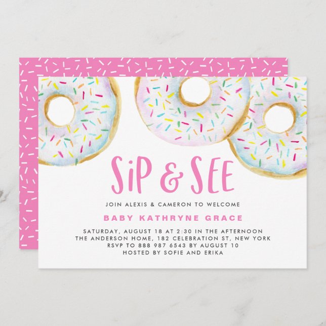 Invitation Aquarelle blanche beignets saupoudrer Sip et voir (Devant / Derrière)