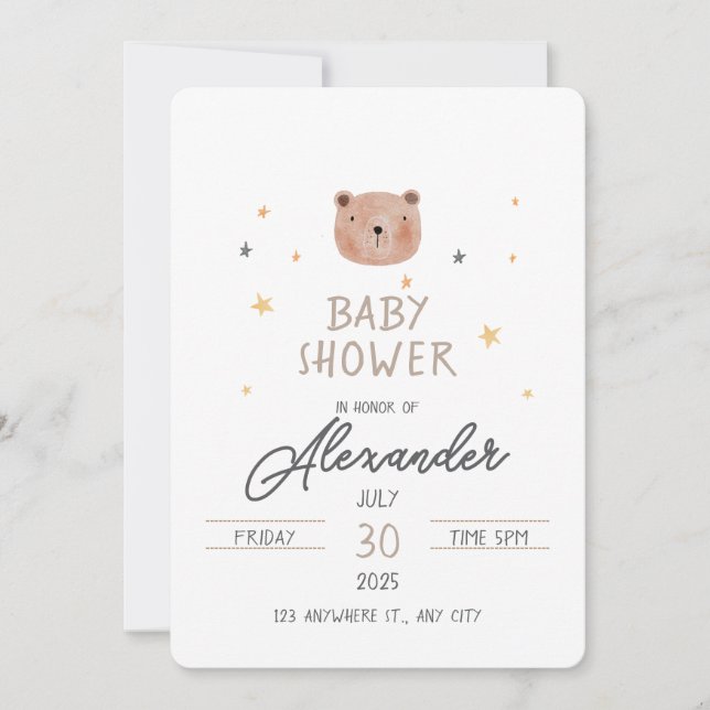 Invitation Aquarelle blanche et Brown Baby shower mignon (Devant)