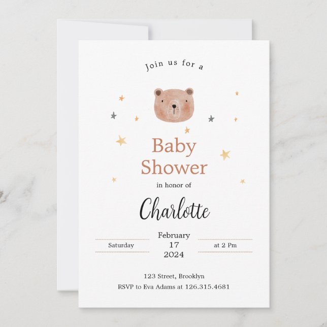 Invitation Aquarelle blanche et Brown Baby shower mignon (Devant)
