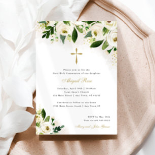 Invitation Aquarelle blanche et or Floral Croix religieuse