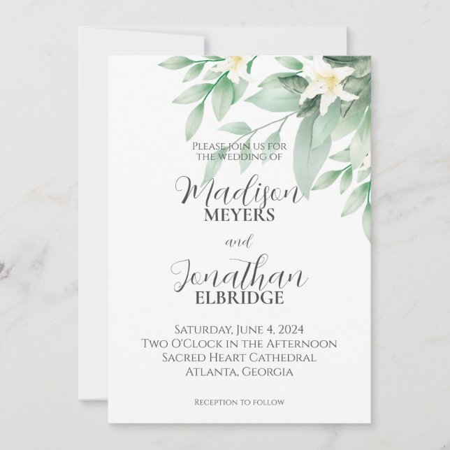 Invitation Aquarelle blanche et verte Floral Lily Mariage (Devant)