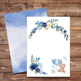 Invitation Aquarelle blanche Fleur Teddy Bear Blue Balloon