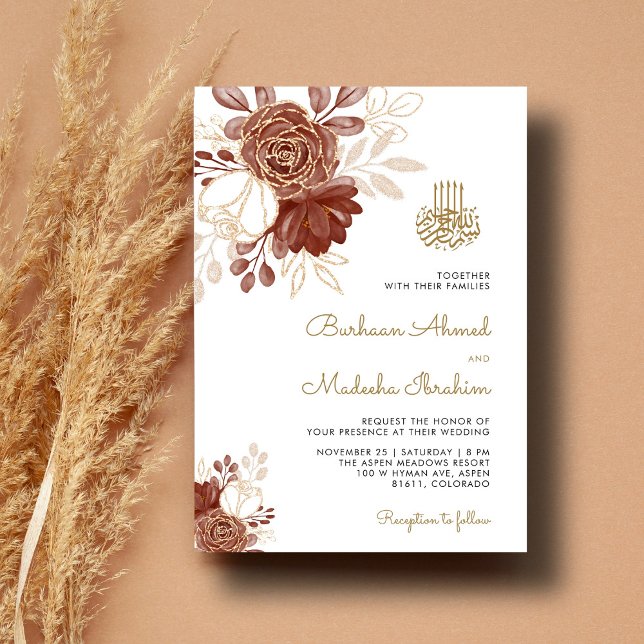Invitation Aquarelle blanche Floral Rustique or Mariage musul (Créateur téléchargé)