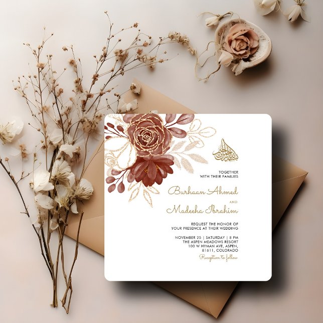 Invitation Aquarelle blanche Floral Rustique or Mariage musul (Créateur téléchargé)