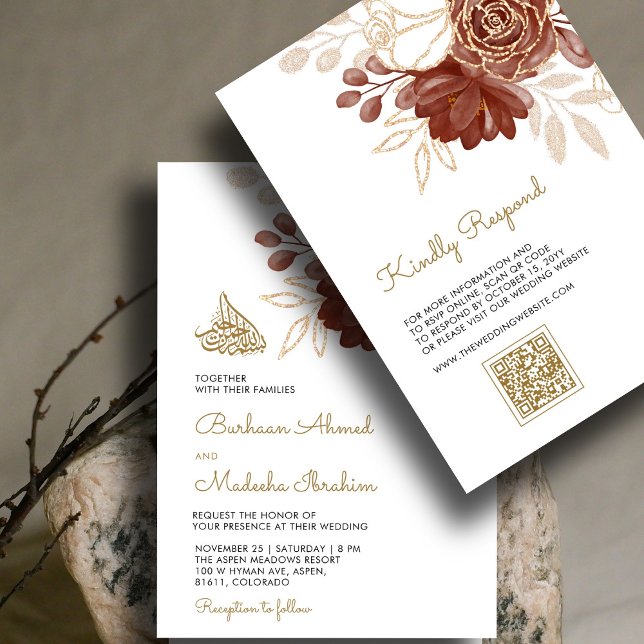 Invitation Aquarelle blanche Floral Rustique Or musulman QR W (Créateur téléchargé)