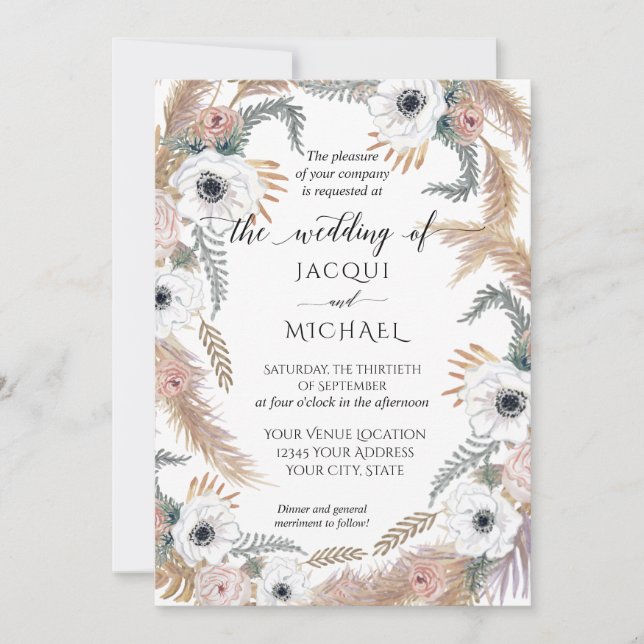 Invitation Aquarelle blanche Florale BOHO Pampas Grass Tropic (Devant)