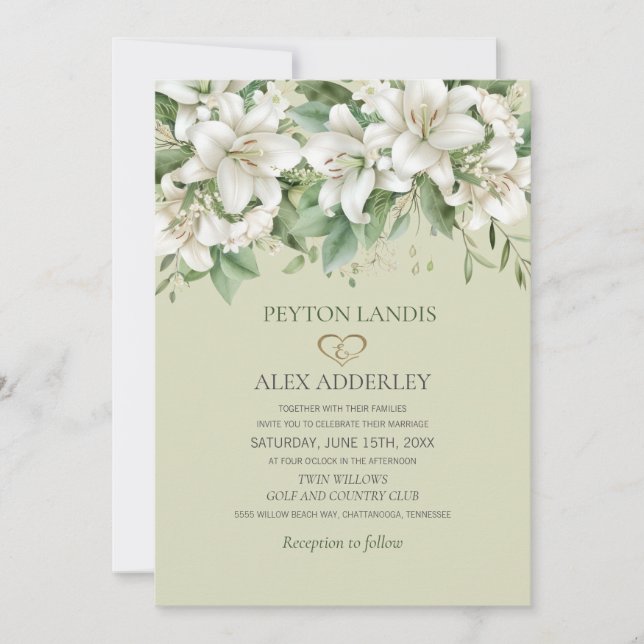 Invitation Aquarelle blanche Lys Verdure Mariage or (Devant)