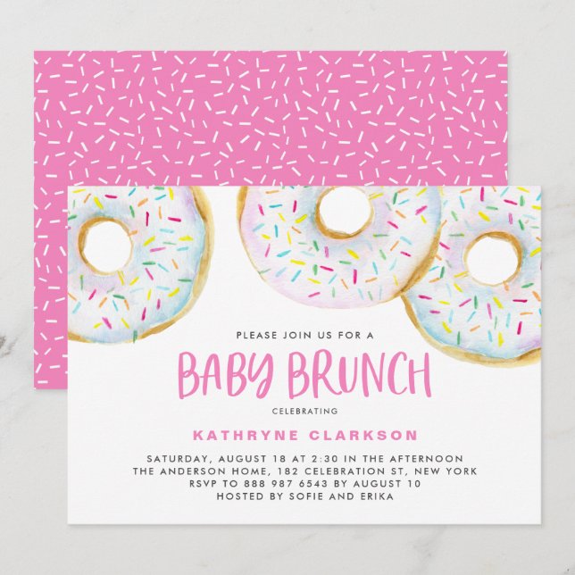 Invitation Aquarelle blanche mignonne Donuts Baby shower Brun (Devant / Derrière)