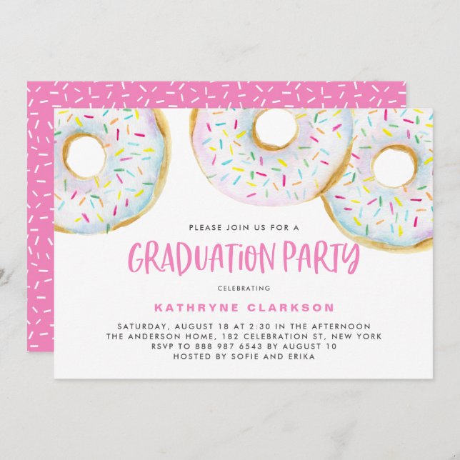 Invitation Aquarelle blanche mignonne Donuts Graduation Party (Devant / Derrière)