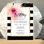 Invitation Aquarelle blanche noire rose Floral fête d'anniver<br><div class="desc">Invitation modèle moderne et tendance pour la fête d'anniversaire pour fille/femme à rayures blanches et noires. Cadre en or faux avec fleur rose aquarelle à l'angle. Tout le texte peut être modifié et modifié : police,  couleur et taille. Contactez le concepteur pour d'autres variantes ou de l'aide.</div>