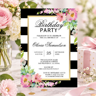 Invitation Aquarelle blanche noire rose Floral fête d'anniver