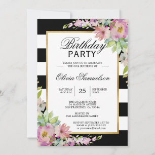 Invitation Aquarelle blanche noire rose Floral fête d'anniver