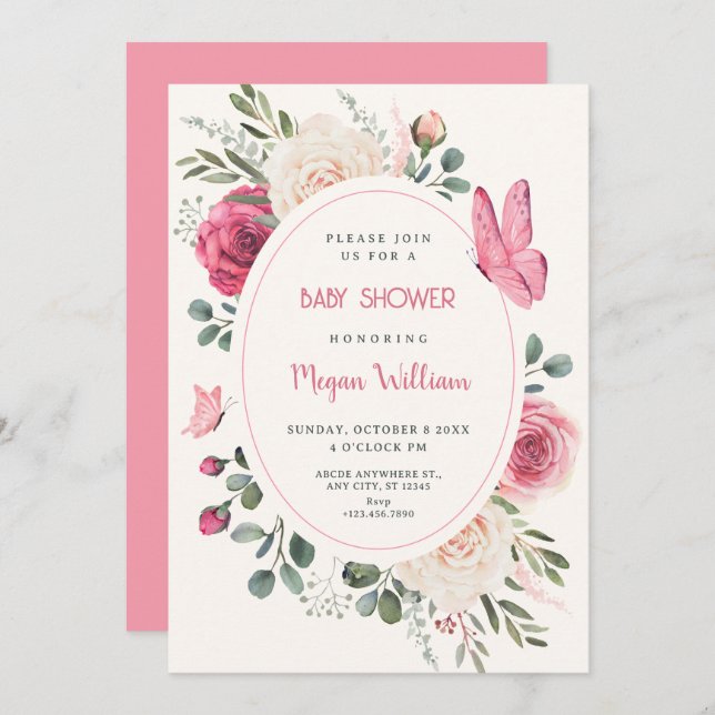 Invitation Aquarelle blanche rose baby shower Rose (Devant / Derrière)