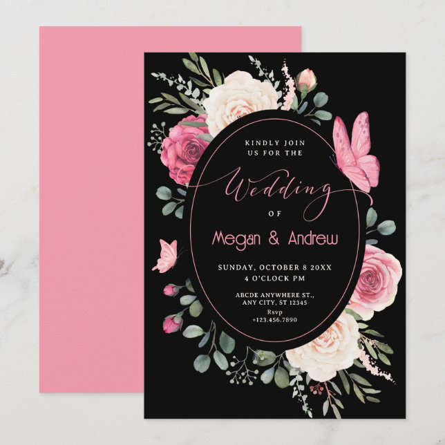 Invitation Aquarelle blanche rose noir Rose mariage (Devant / Derrière)