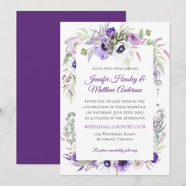 Invitation Aquarelle blanche violette Lavande Mariage floral  (Devant / Derrière)