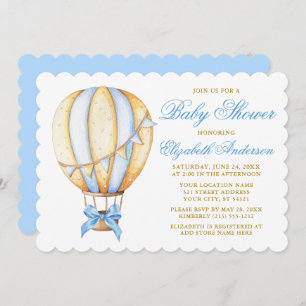 Invitation Aquarelle Bleu à air chaud Baby shower à baudrier
