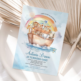 Invitation Aquarelle bleu Arche de Cute Noah Premier annivers