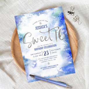 Invitation Aquarelle bleu argent doux 16 Anniversaire moderne