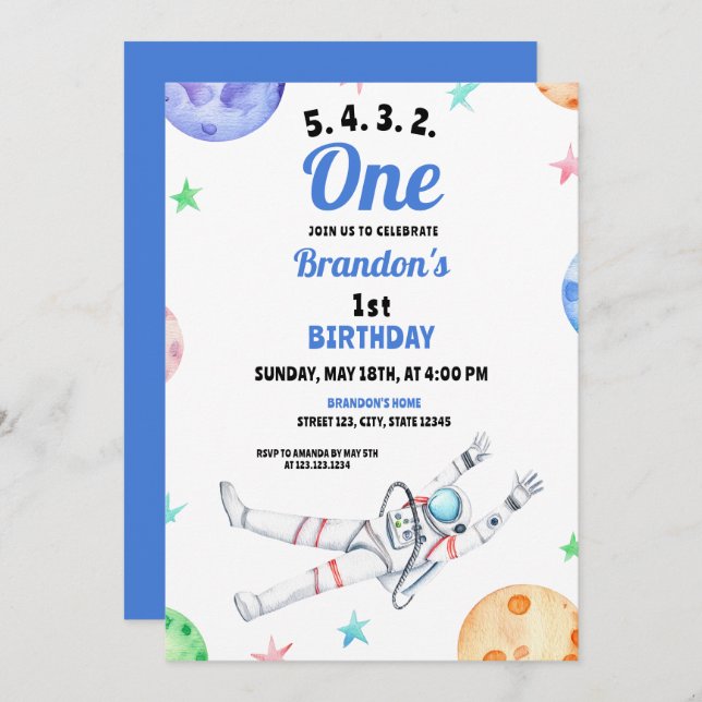Invitation Aquarelle bleu Astronaut Baby 1er anniversaire (Devant / Derrière)