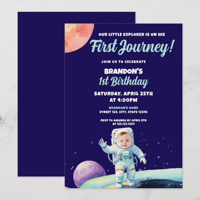 Invitation Aquarelle Bleu Astronaut Espace Photo 1er annivers (Devant / Derrière)