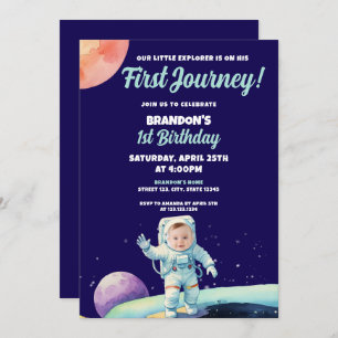 Invitation Aquarelle Bleu Astronaut Espace Photo 1er annivers