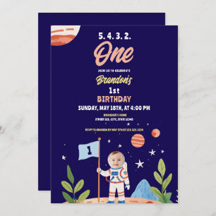 Invitation Aquarelle Bleu astronaute Drapeau Photo 1er annive