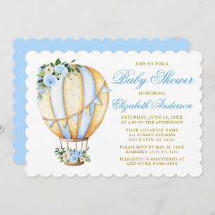 Invitation Aquarelle bleu Baby shower Floral Air Balloon