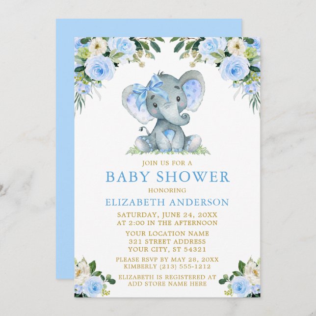 Invitation Aquarelle Bleu Baby shower Floral Elephant Bow (Devant / Derrière)