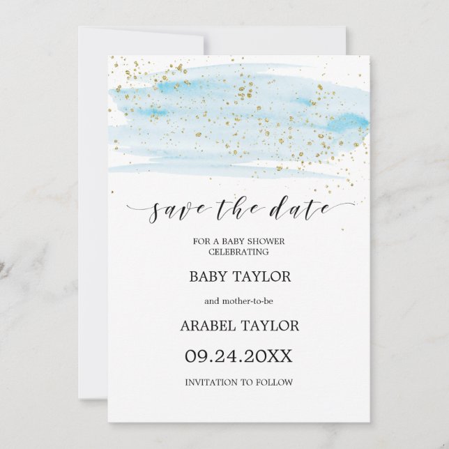 Invitation Aquarelle Bleu & Baby shower Or Enregistrer la dat (Devant)
