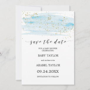 Invitation Aquarelle Bleu & Baby shower Or Enregistrer la dat