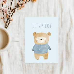 Invitation Aquarelle bleu Baby shower ours en peluche mignon