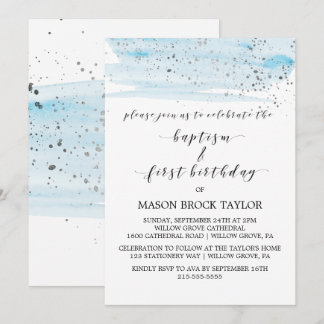 Invitation Aquarelle Bleu & Baptême Argent & 1er anniversaire