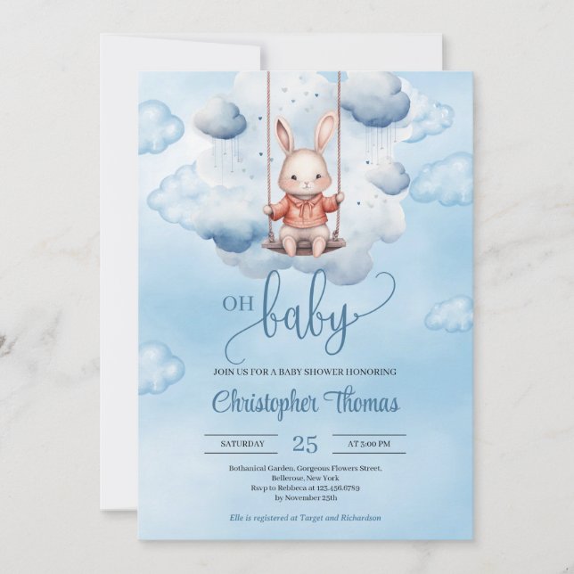 Invitation Aquarelle bleu bébé lapin sur balançoire dans le c (Devant)