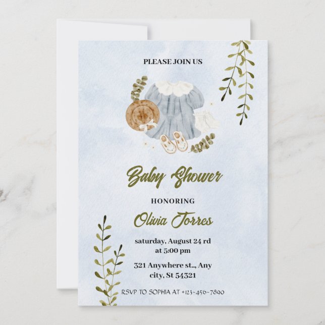 Invitation Aquarelle Bleu Blanc Baby shower (Devant)