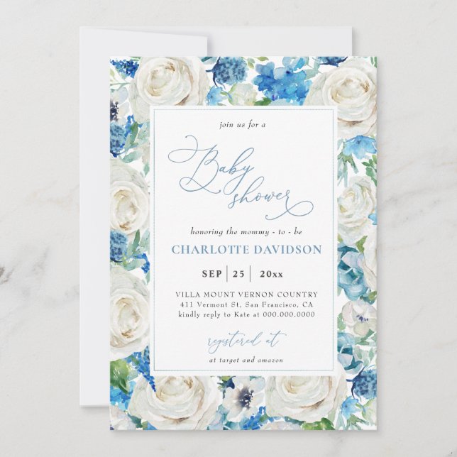 Invitation Aquarelle Bleu Blanc Floral Baby shower garçon (Devant)
