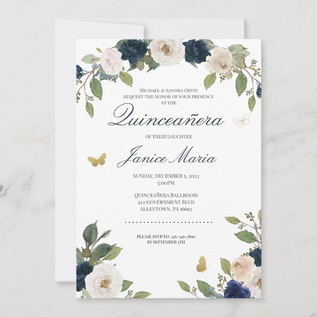 Invitation Aquarelle bleu blanc Floral Elégant Quinceañera (Devant)