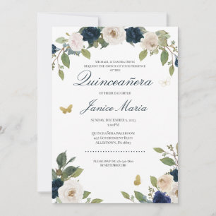 Invitation Aquarelle bleu blanc Floral Elégant Quinceañera