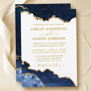 Invitation Aquarelle Bleu Blanc Marbre Or Mariage