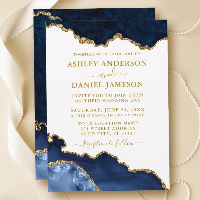 Invitation Aquarelle Bleu Blanc Marbre Or Mariage (Customize to change text size, text color or style.)